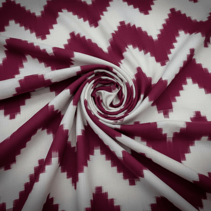 White & Pink Chevron Handwoven Cotton Double Ikat Fabric for Dresses | Width: 44"
