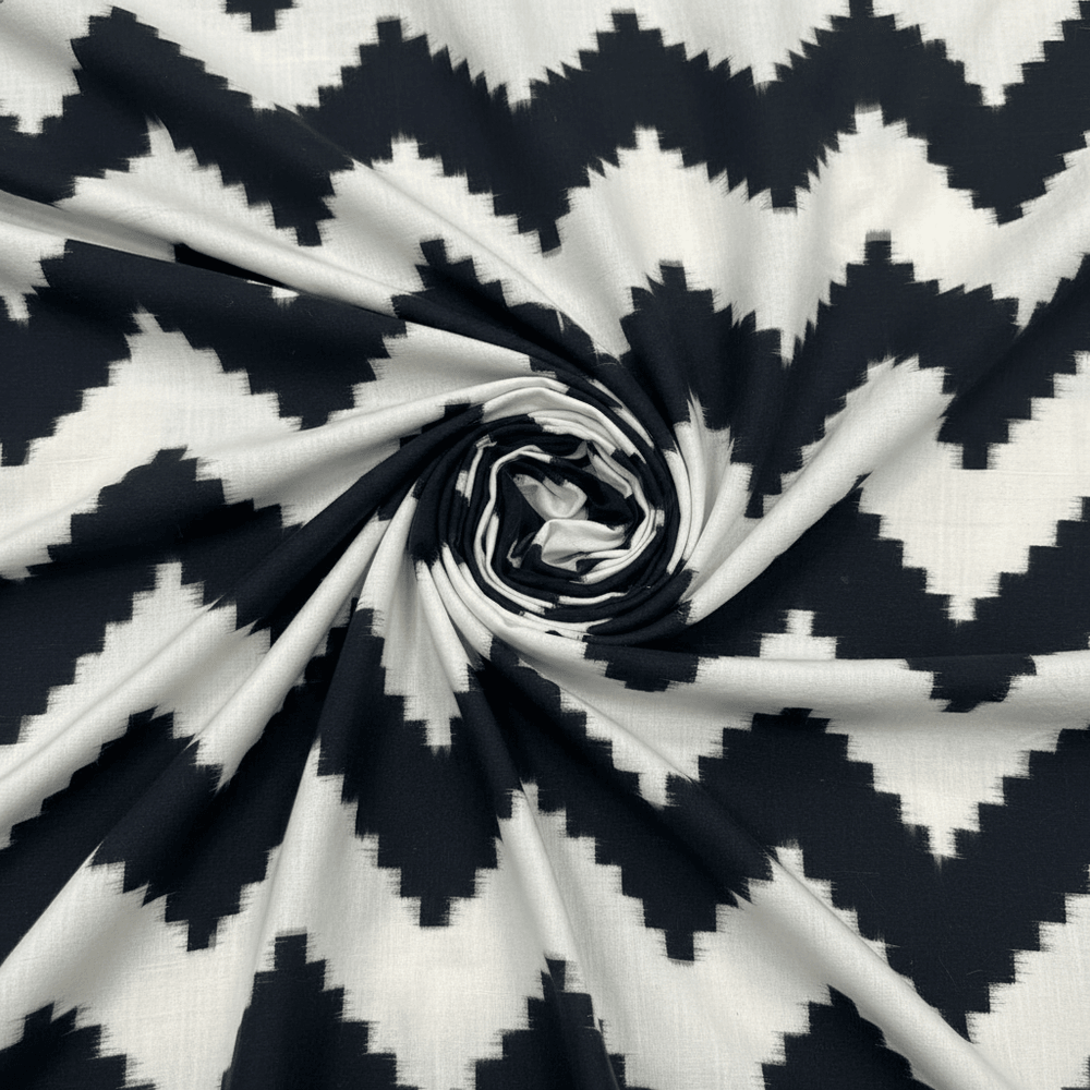 White & Black Chevron Handwoven Cotton Double Ikat Fabric for Dresses | Width: 44"