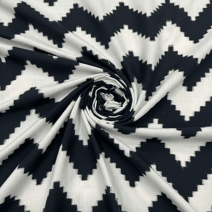 White & Black Chevron Handwoven Cotton Double Ikat Fabric for Dresses | Width: 44"