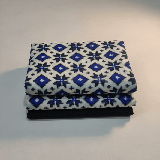 White Base Black & Blue Design Fine Quality Cotton Handwoven Ikat Fabric for Dress Material | Width: 44"