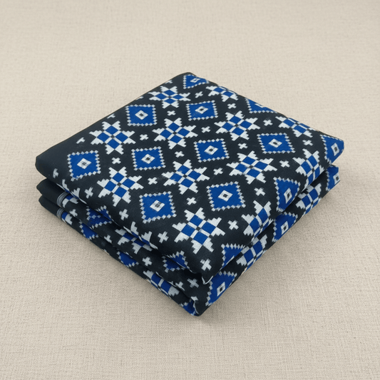 Black Base Blue Design Fine Quality Cotton Handwoven Ikat | Width: 44"