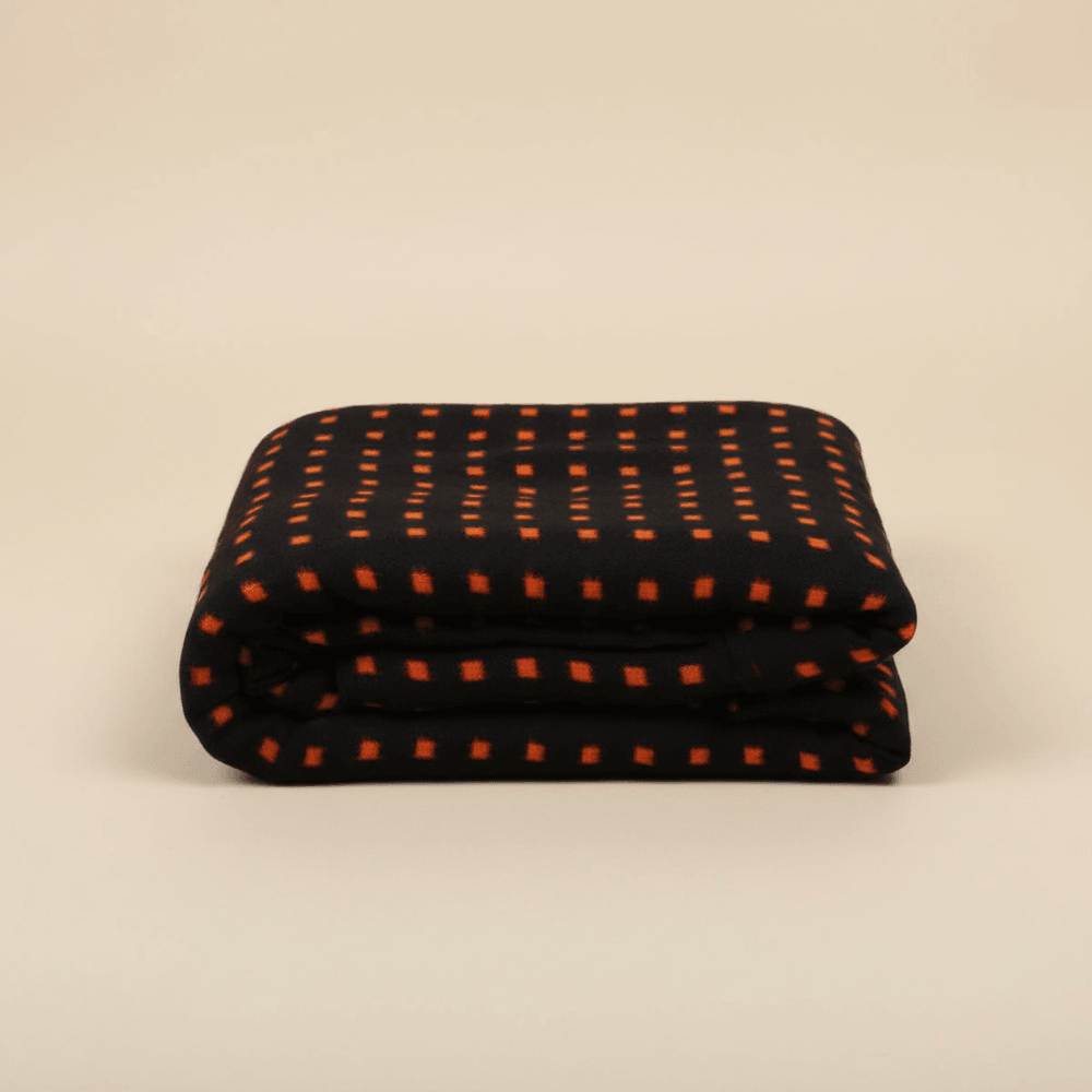 Orange & Black Check Handwoven Cotton Double Ikat Fabric for Dresses | Width: 44"