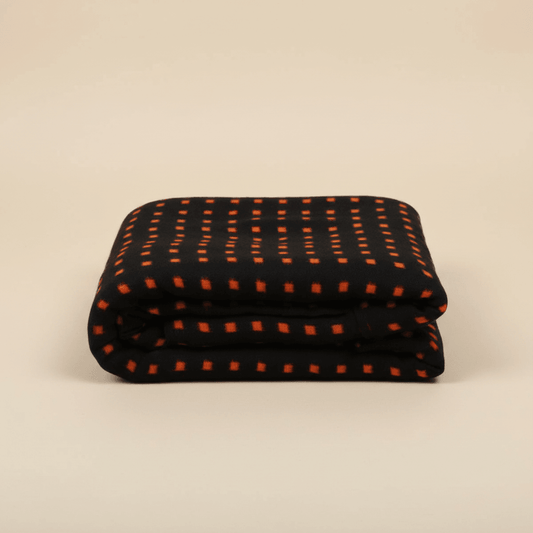 Orange & Black Check Handwoven Cotton Double Ikat Fabric for Dresses | Width: 44"