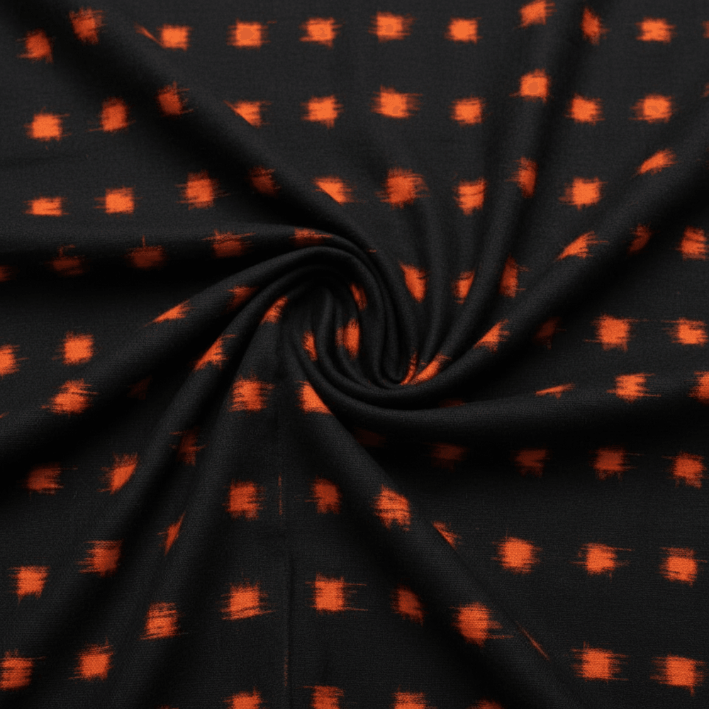 Orange & Black Check Handwoven Cotton Double Ikat Fabric for Dresses | Width: 44"