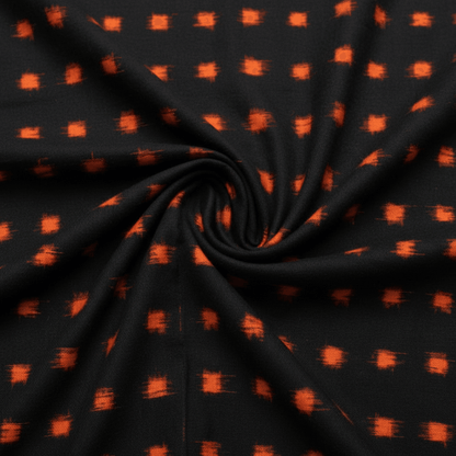 Orange & Black Check Handwoven Cotton Double Ikat Fabric for Dresses | Width: 44"