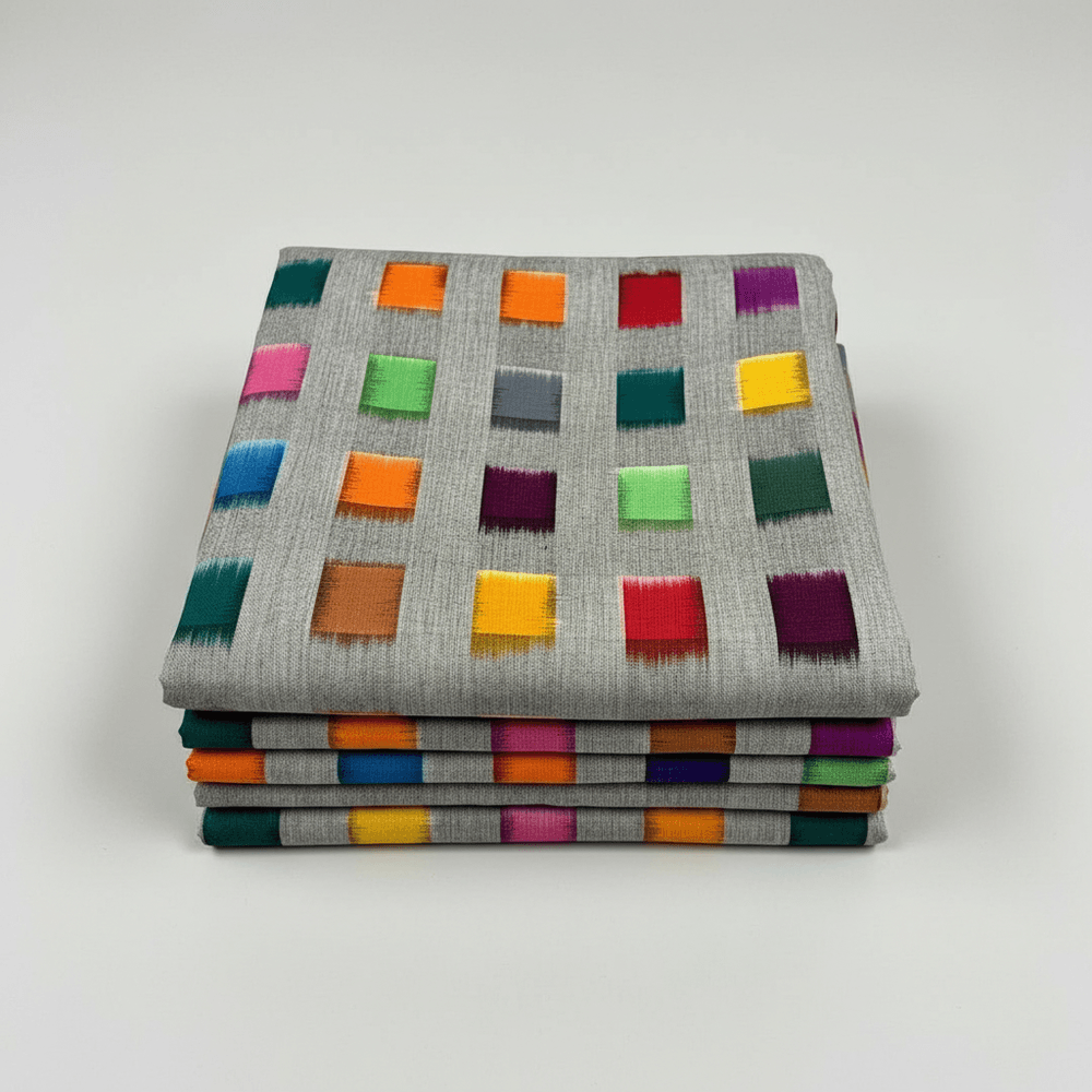 Grey Base Multicolor Square Handwoven Cotton Double Ikat Fabric for Dresses | Width: 44"