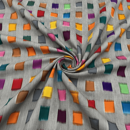 Grey Base Multicolor Square Handwoven Cotton Double Ikat Fabric for Dresses | Width: 44"