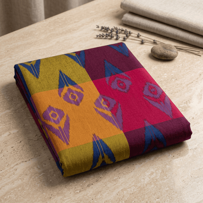 Multicolor Peacock Feather Design Fine Quality Cotton Handloom Ikat Fabric for Dresses | Width : 44"
