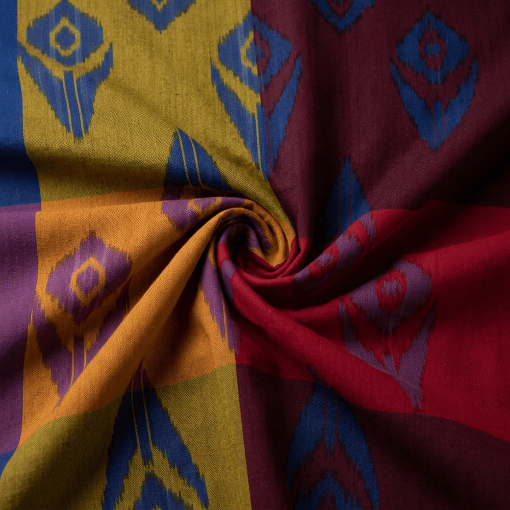 Multicolor Peacock Feather Design Fine Quality Cotton Handloom Ikat Fabric for Dresses | Width : 44"