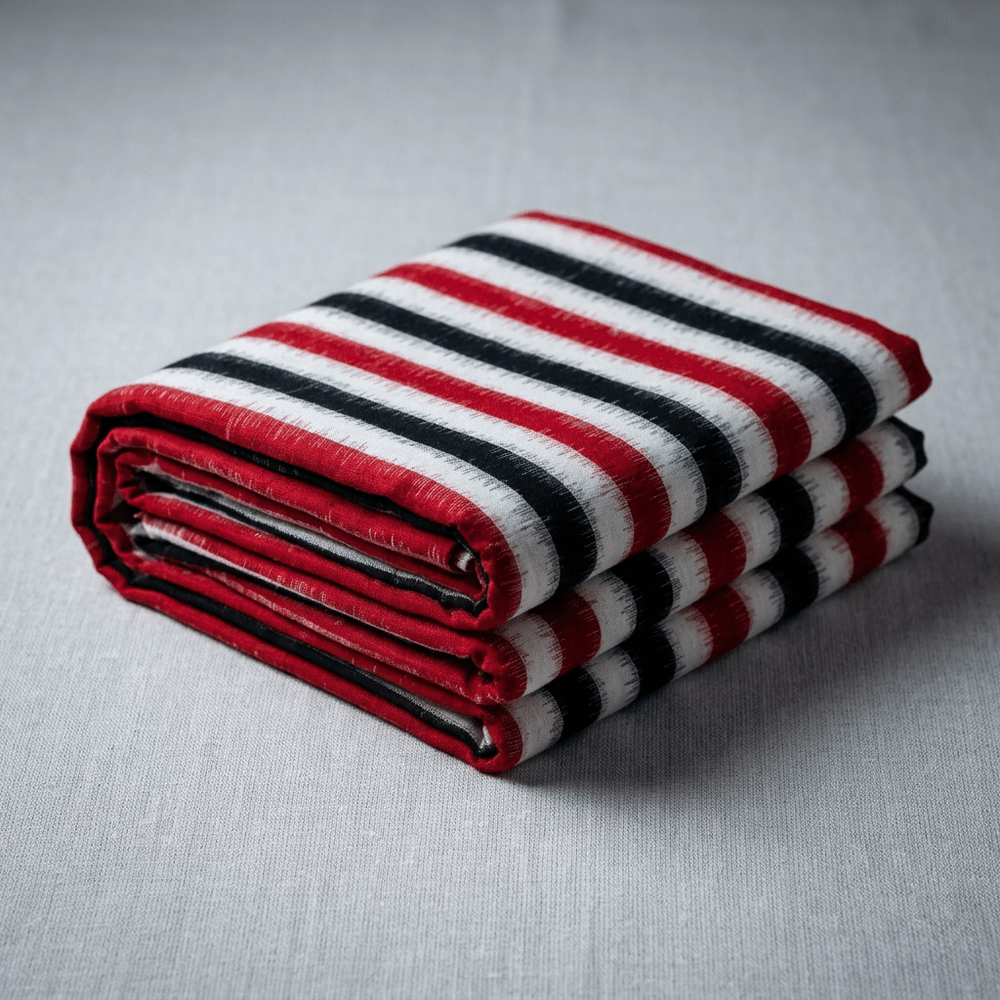White, Black & Red Stripe Design Cotton Handwoven Ikat Fabric for Dresses | Width : 44"