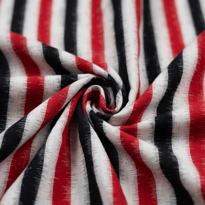 White, Black & Red Stripe Design Cotton Handwoven Ikat Fabric for Dresses | Width : 44"