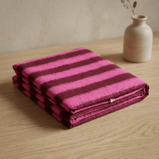 Pink & Maroon Stripe Fine Quality Handwoven Cotton Double Ikat Fabric for Shirts | Width: 44"