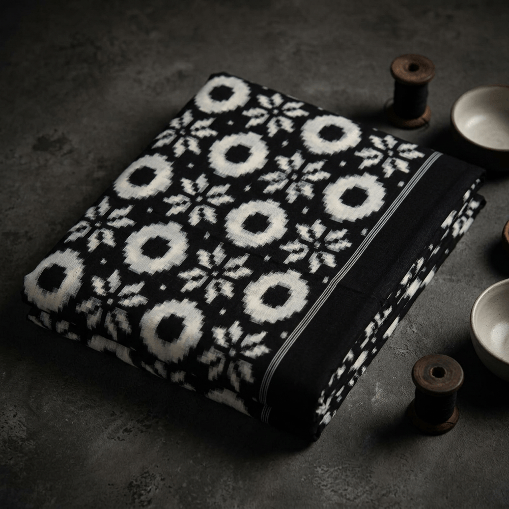 Black & White Teliya Rumal Cotton Handwoven Ikat Fabric for Dresses | Width : 44"