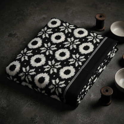 Black & White Teliya Rumal Cotton Handwoven Ikat Fabric for Dresses | Width : 44"