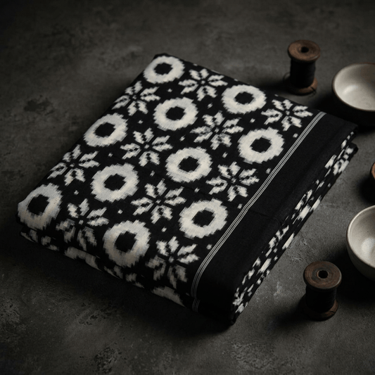Black & White Teliya Rumal Cotton Handwoven Ikat Fabric for Dresses | Width : 44"