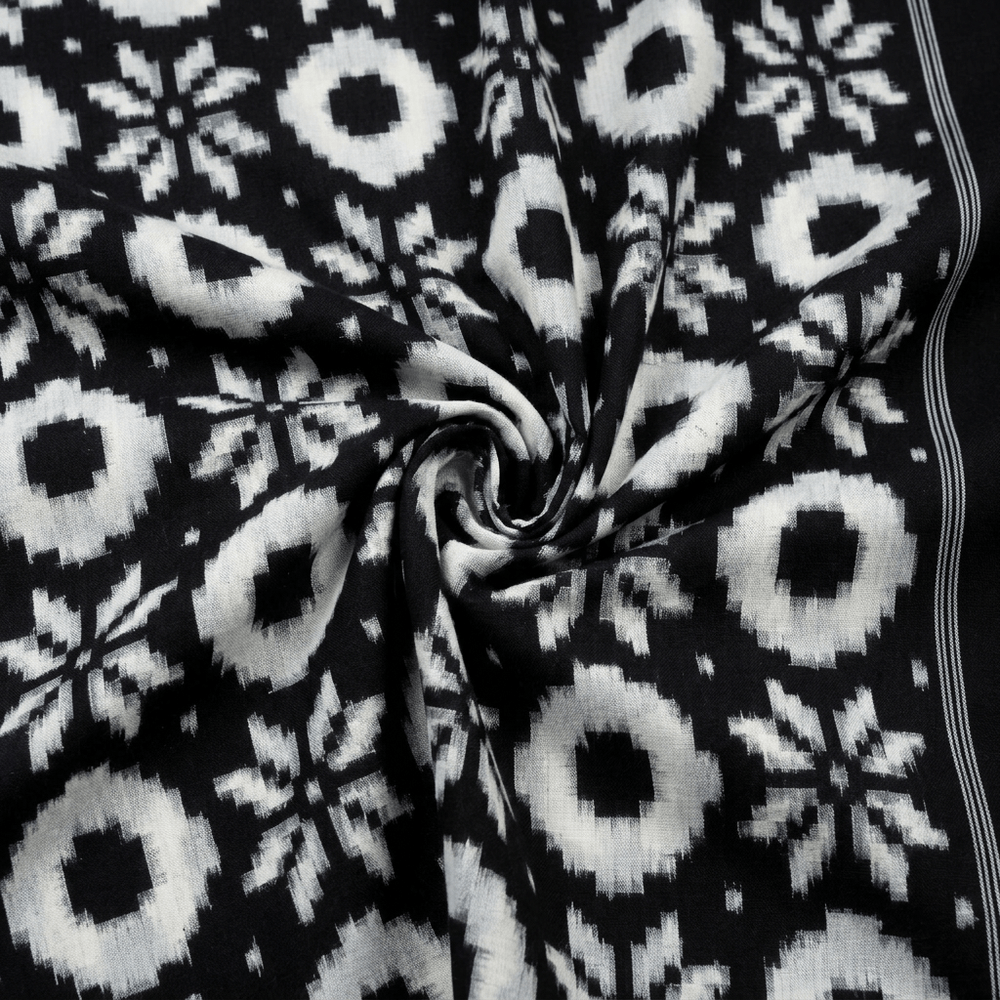 Black & White Teliya Rumal Cotton Handwoven Ikat Fabric for Dresses | Width : 44"