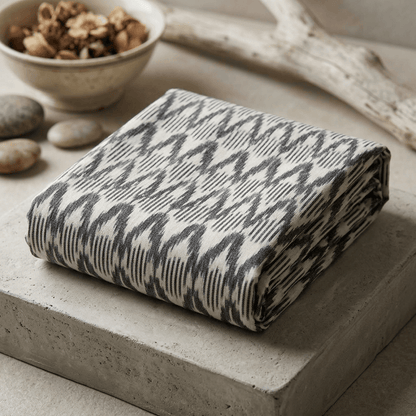 White & Grey Cotton Handloom Heavyweight Thick Ikat Fabric for Jackets & Upholstery | Width : 54"