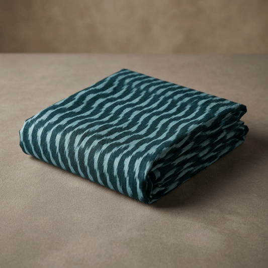 Green Lehriya Design Cotton Handloom Heavyweight Thick Ikat Fabric for Jackets & Upholstery | Width : 54"