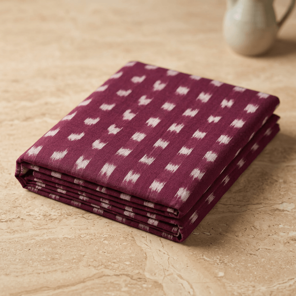 Wine color Checks Cotton Handloom Heavyweight Thick Ikat Fabric for Jackets & Upholstery | Width : 54"