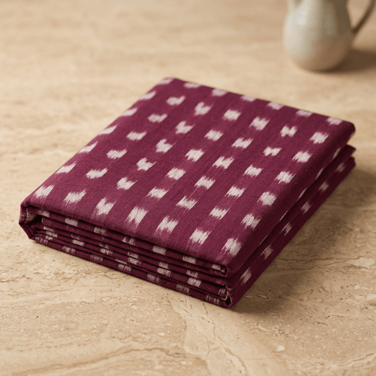 Wine color Checks Cotton Handloom Heavyweight Thick Ikat Fabric for Jackets & Upholstery | Width : 54"