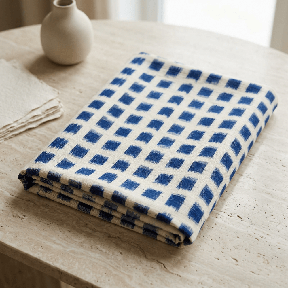 White & Blue Cotton Handloom Heavyweight Thick Double Ikat Fabric for Jackets & Upholstery | Width : 44"