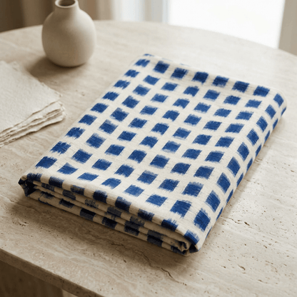 White & Blue Cotton Handloom Heavyweight Thick Double Ikat Fabric for Jackets & Upholstery | Width : 44"
