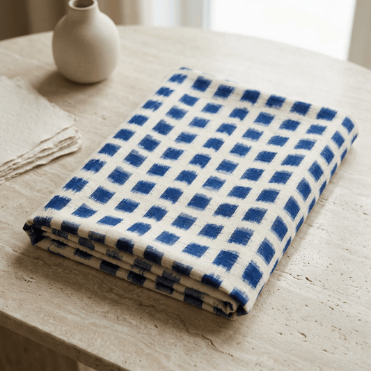 White & Blue Cotton Handloom Heavyweight Thick Double Ikat Fabric for Jackets & Upholstery | Width : 44"