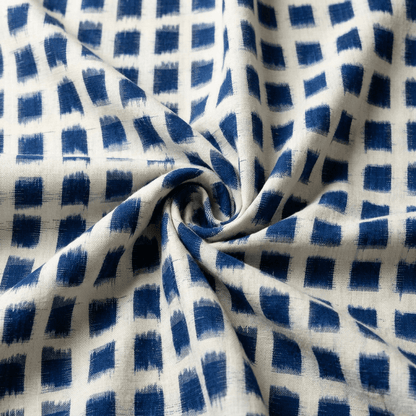 White & Blue Cotton Handloom Heavyweight Thick Double Ikat Fabric for Jackets & Upholstery | Width : 44"