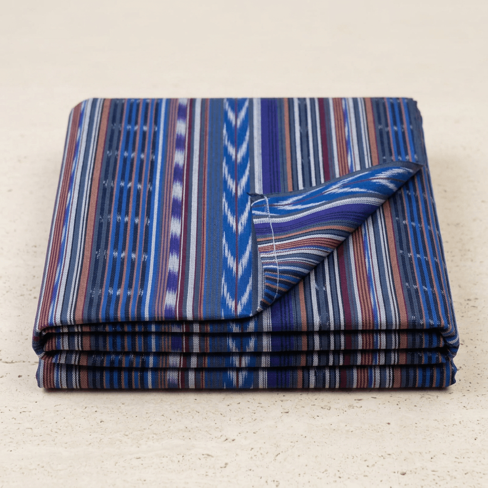 Blue & Multicolor Stripe Design Cotton Handloom Heavyweight Thick Ikat Fabric for Jackets & Upholstery | Width : 44"