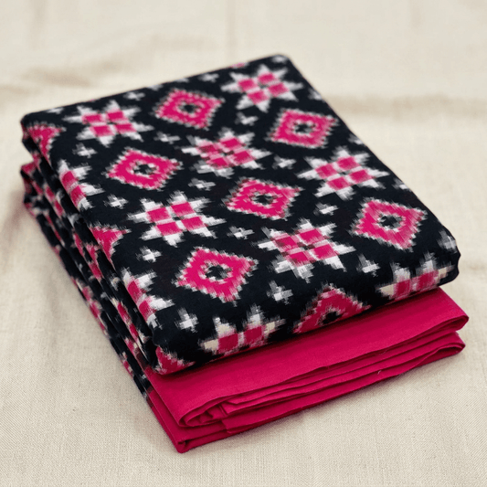 Black & Pink Teliya Rumal Fine Quality Cotton Handwoven Double Ikat Fabric for Dresses | Width : 44"