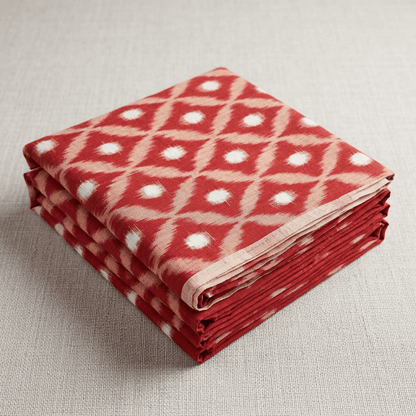 Rust & White Design Cotton Handwoven Double Ikat Fabric for Dress Material | Width : 44: