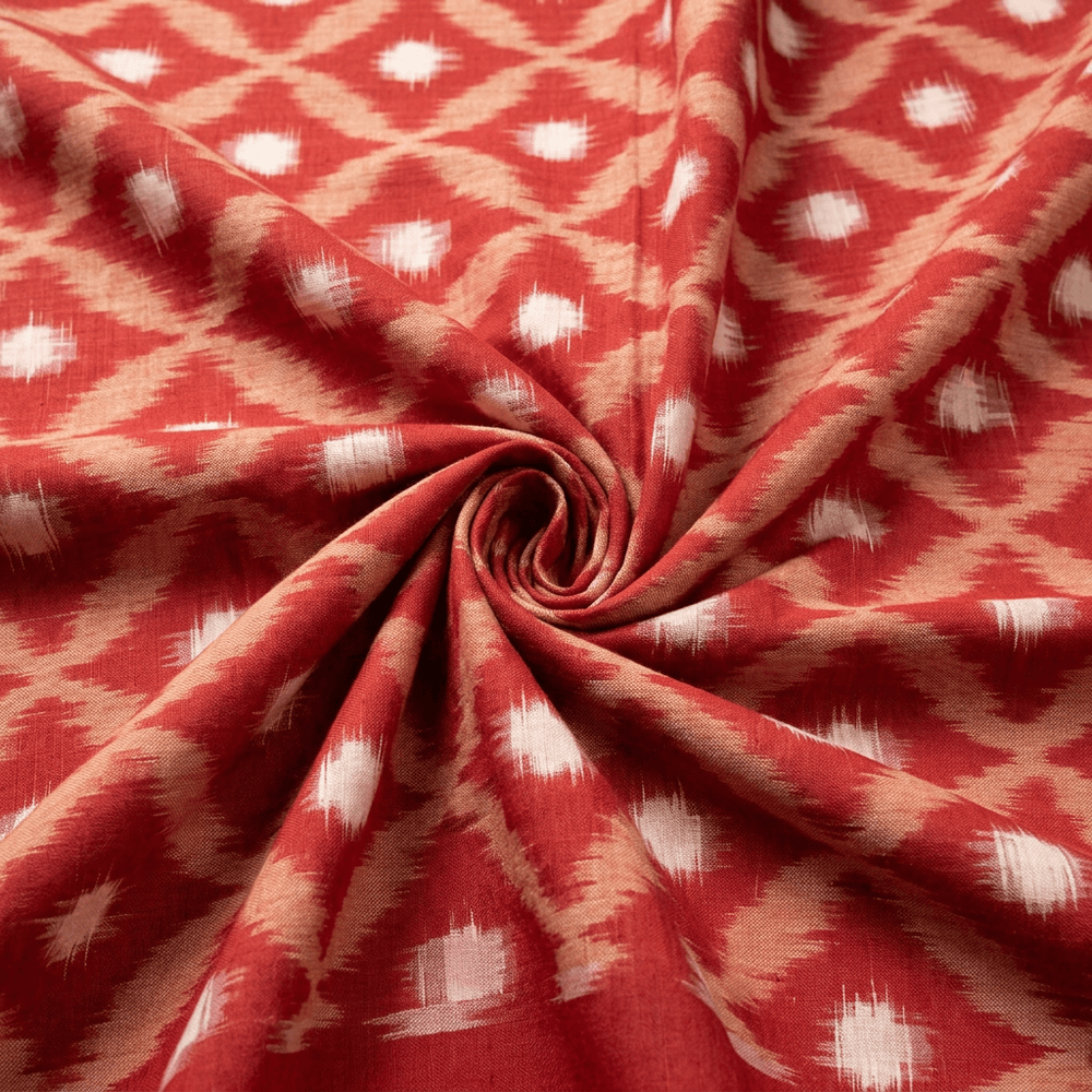 Rust & White Design Cotton Handwoven Double Ikat Fabric for Dress Material | Width : 44: