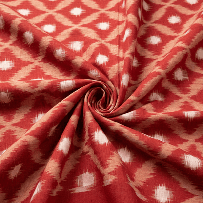 Rust & White Design Cotton Handwoven Double Ikat Fabric for Dress Material | Width : 44: