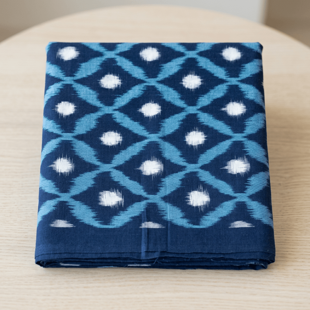 Blue Design Cotton Handwoven Double Ikat Fabric for Dresses | Width : 44"
