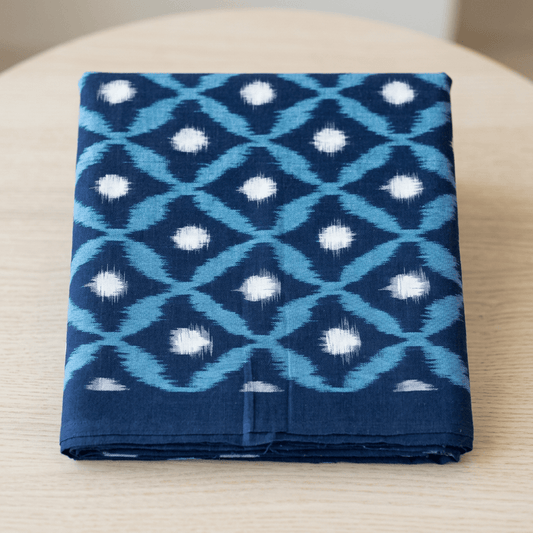 Blue Design Cotton Handwoven Double Ikat Fabric for Dresses | Width : 44"