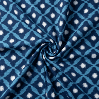 Blue Design Cotton Handwoven Double Ikat Fabric for Dresses | Width : 44"
