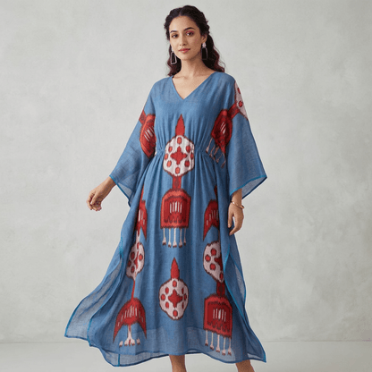 Blue Base Multicolor Big Pattern Fine Quality Cotton Handloom Ikat Fabric for Dress Material | Width : 44"