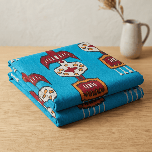 Blue Base Multicolor Big Pattern Fine Quality Cotton Handloom Ikat Fabric for Dresses | Width : 44"