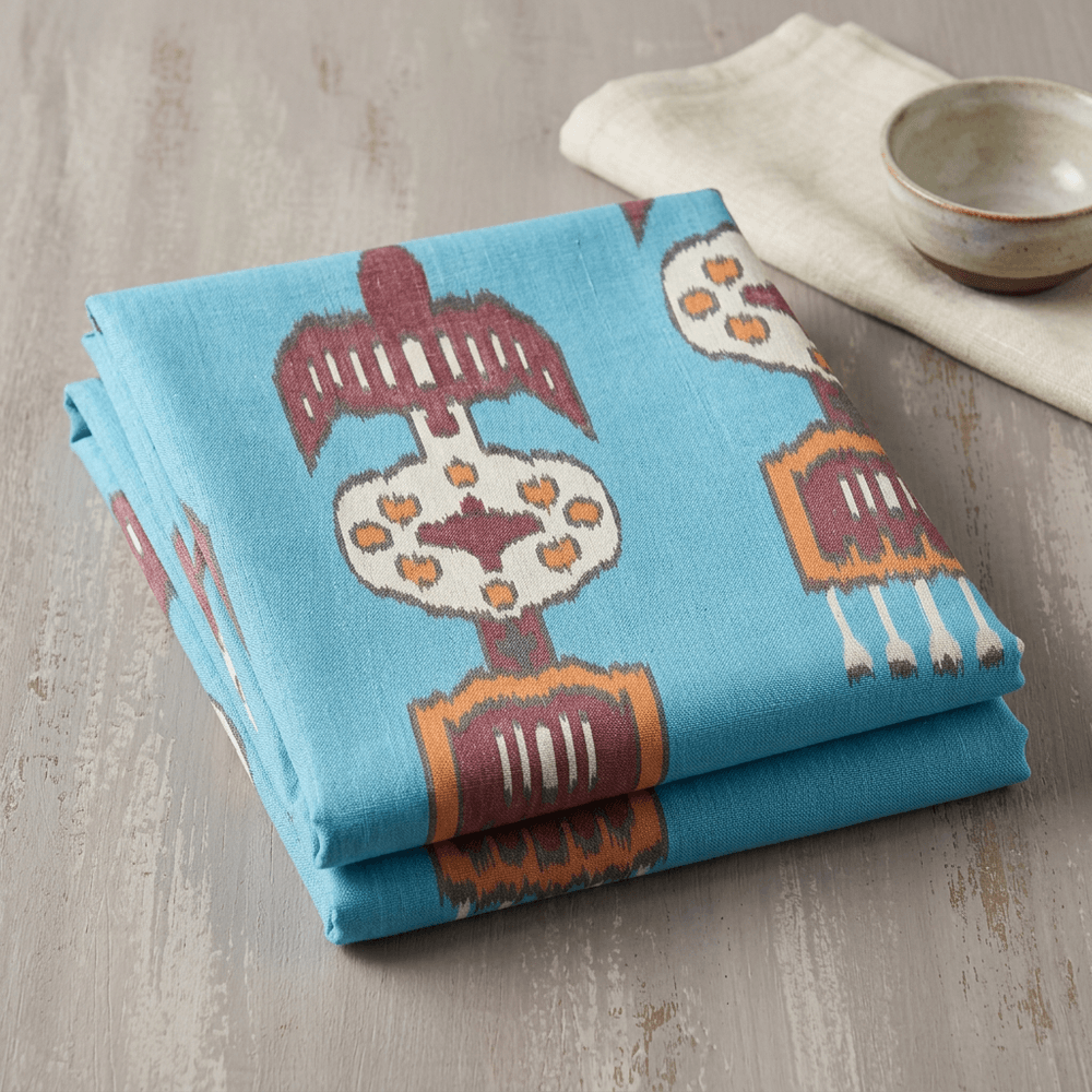 Blue Base Multicolor Big Pattern Fine Quality Cotton Handloom Ikat Fabric for Kaftaan Dress | Width : 44"