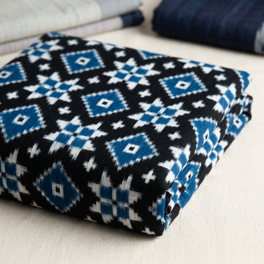 Black & Blue Telia Rumal Fine Quality Cotton Handwoven Double Ikat Fabric for Saree | Width : 44"