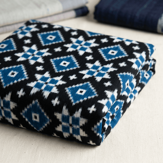 Black & Blue Telia Rumal Fine Quality Cotton Handwoven Double Ikat Fabric for Saree | Width : 44"