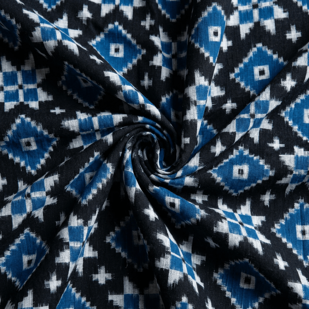 Black & Blue Telia Rumal Fine Quality Cotton Handwoven Double Ikat Fabric for Saree | Width : 44"