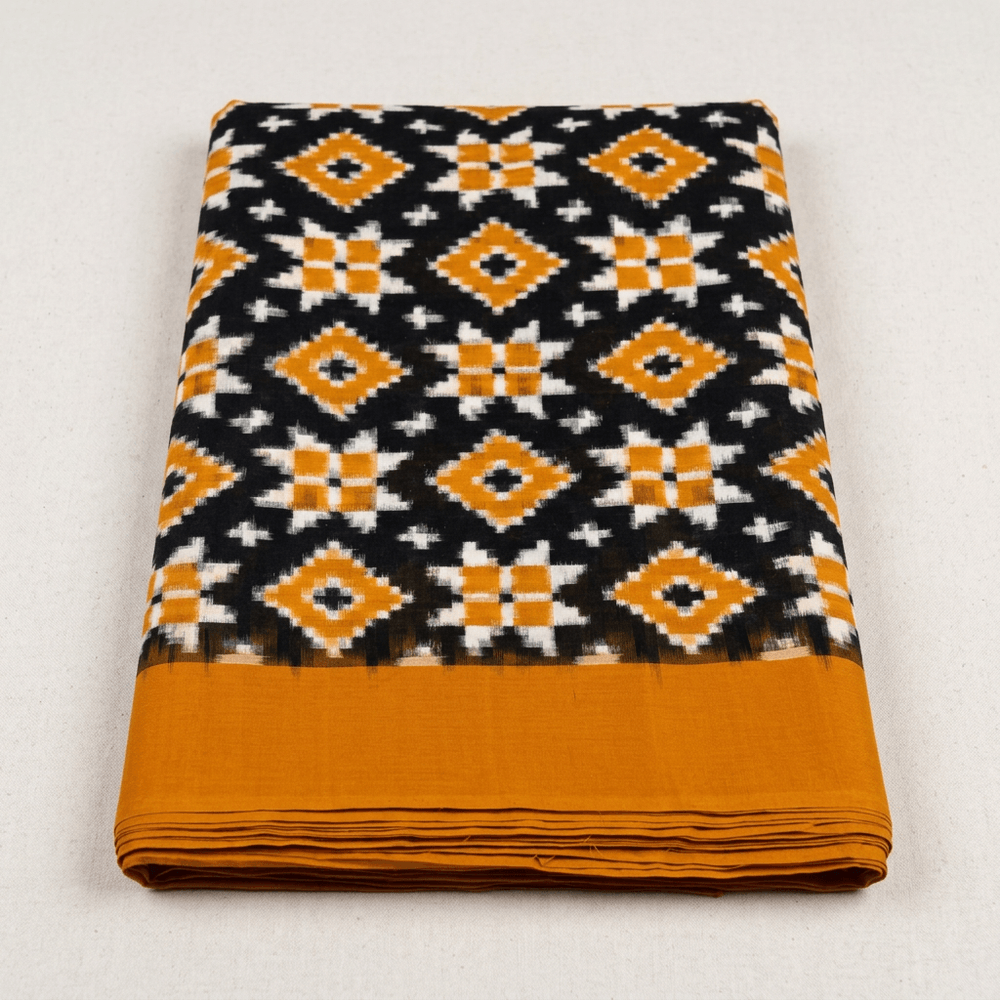 Yellow & Black Telia Rumal Fine Quality Cotton Handwoven Ikat Fabric for Saree | Width : 44"