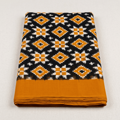 Yellow & Black Telia Rumal Fine Quality Cotton Handwoven Ikat Fabric for Saree | Width : 44"