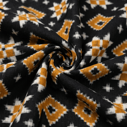 Yellow & Black Telia Rumal Fine Quality Cotton Handwoven Ikat Fabric for Saree | Width : 44"