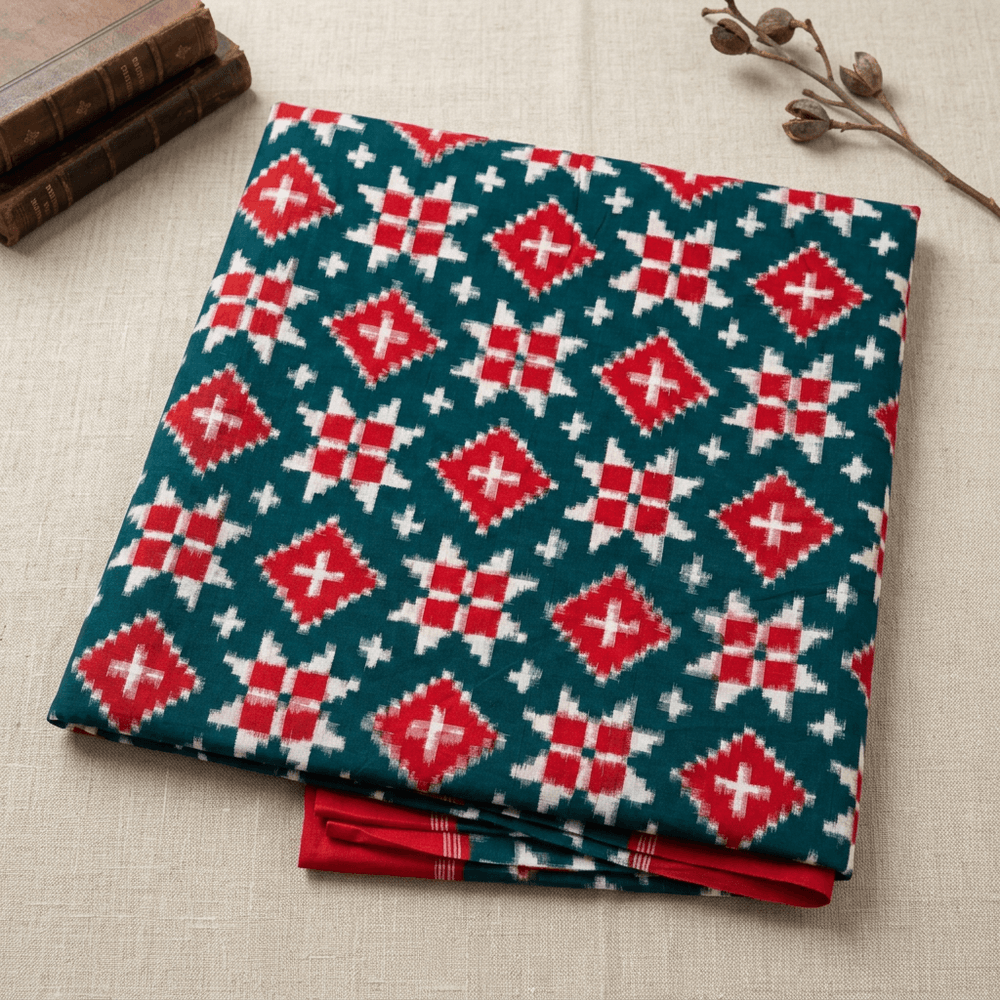 Red & Green Design Telia Rumal Fine Quality Cotton handwoven Ikat Fabric for Saree | Width : 44"