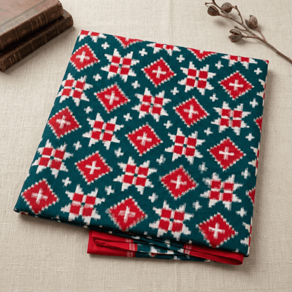Red & Green Design Telia Rumal Fine Quality Cotton handwoven Ikat Fabric for Saree | Width : 44"
