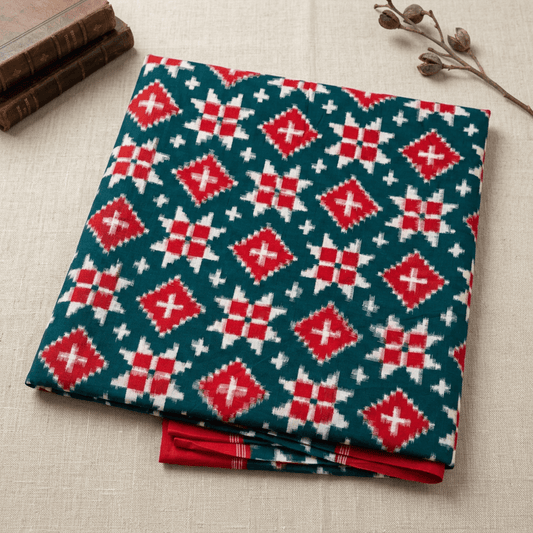 Red & Green Design Telia Rumal Fine Quality Cotton handwoven Ikat Fabric for Saree | Width : 44"