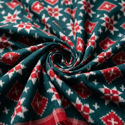 Red & Green Design Telia Rumal Fine Quality Cotton handwoven Ikat Fabric for Saree | Width : 44"