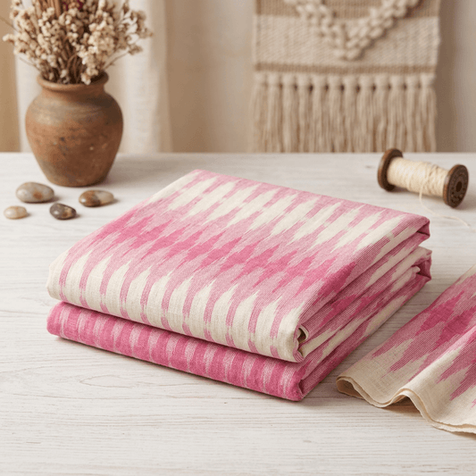 Pink Color Cotton Handloom Ikat Fabric for Dresses | Width: 44"